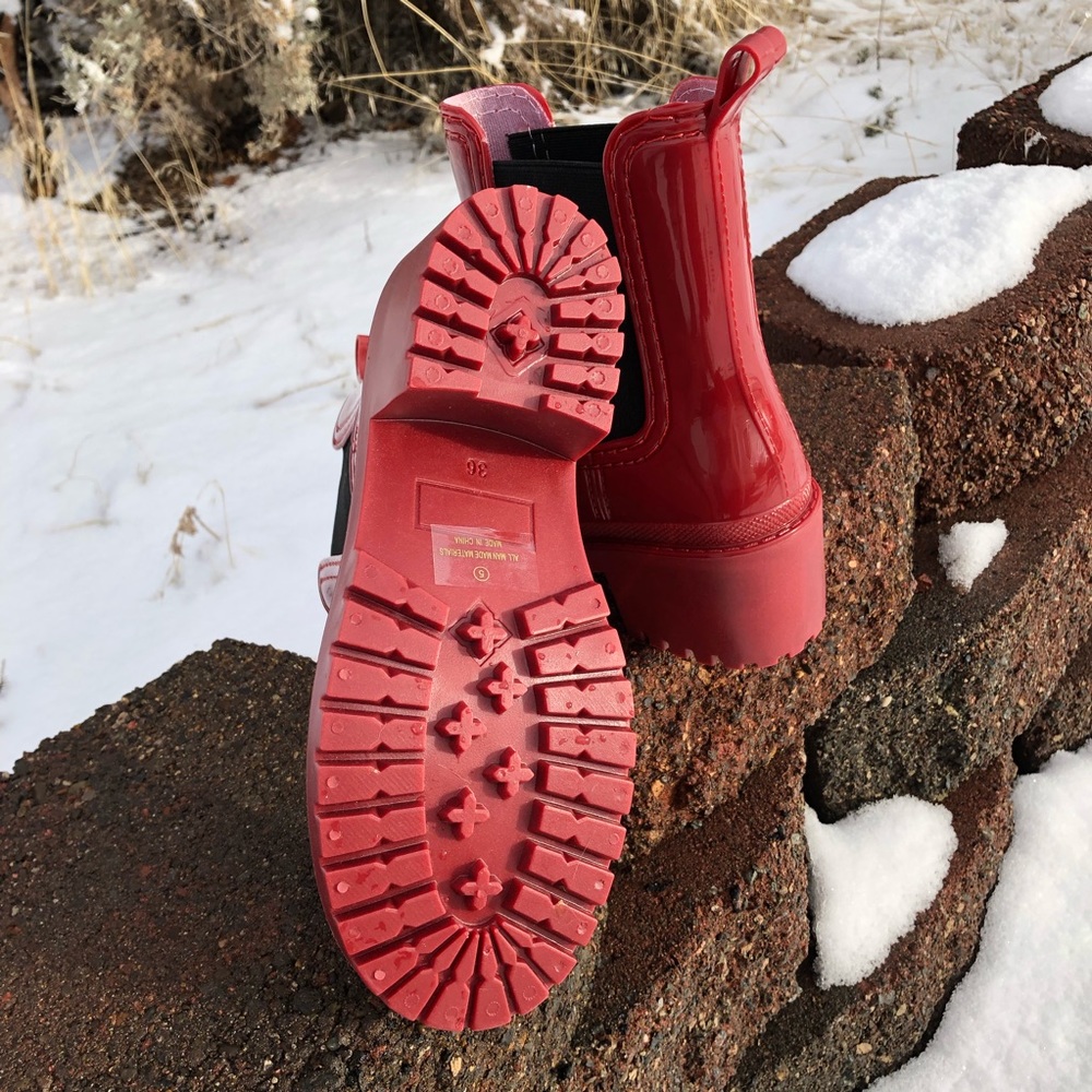 LAST PAIR! New! Red Rain Boots with Block Heel - Picture 6 of 8